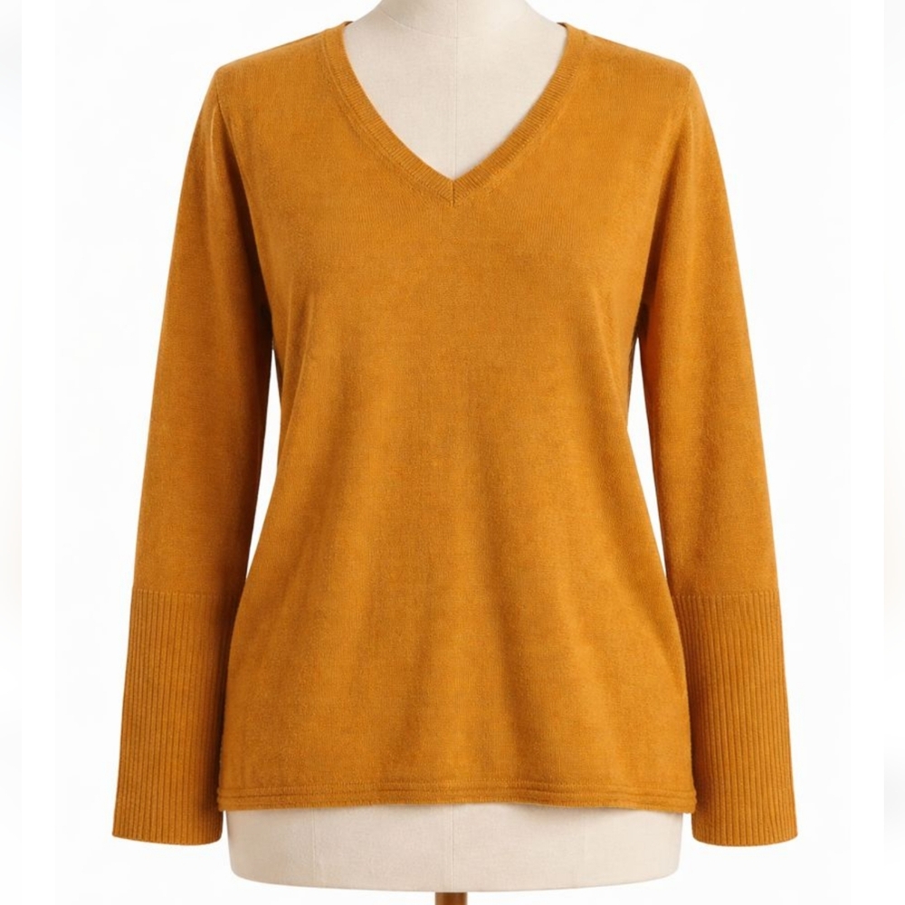 J. Jill Mustard V-Neck Sweater – Cotton/Silk/Wool Blend – Size S